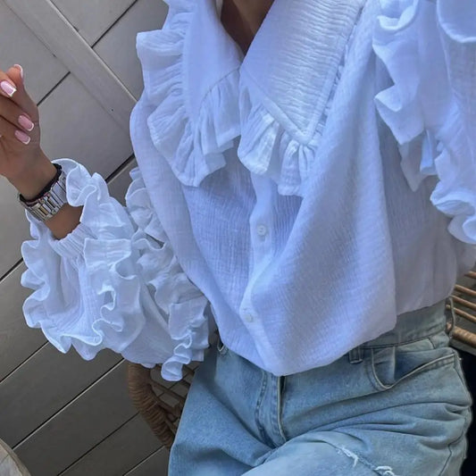 nvxiot  -  Spring Casual Ruffle Doll Collar Shirts Loose Puff Sleeve Single Breasted Blouses 2024 Fashion Long Sleeved Lady Cardigan