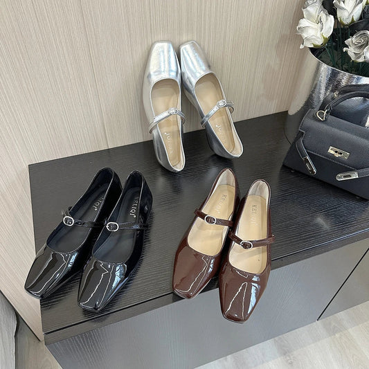 nvxiot Round Toe Women Flats Loafers Black Brown Silver Belt Buckle New Arrivals Low Heels Dress Shoes Patent Leather Size 35-39