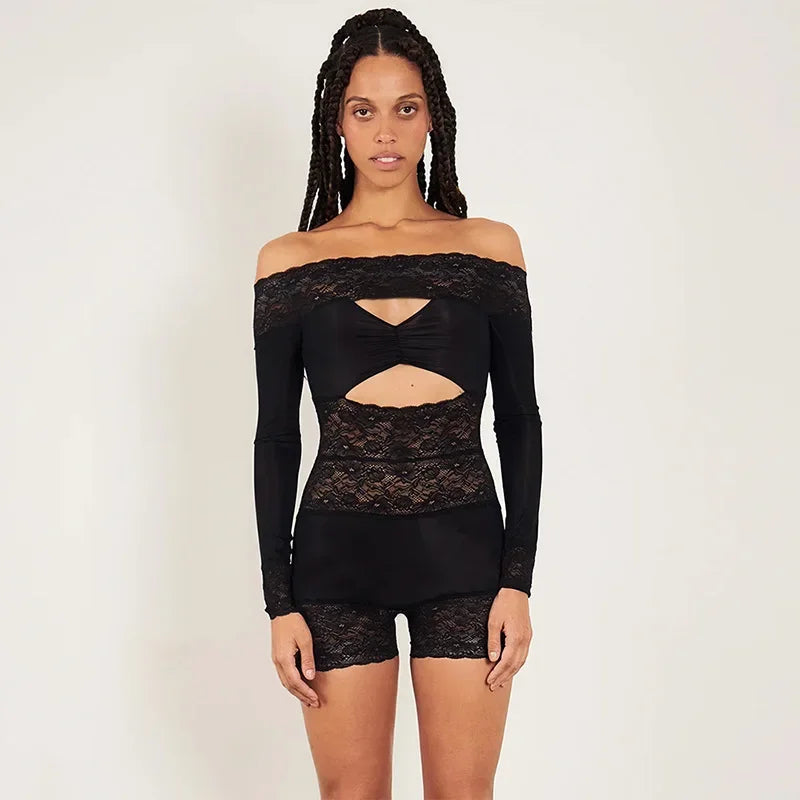 nvxiot  - Women Solid Lace Patchwork Rompers Playsuits Fashion Sexy Hollow Out Slash Neck Long Sleeve Skinny Club Party Shorts Jumpsuit