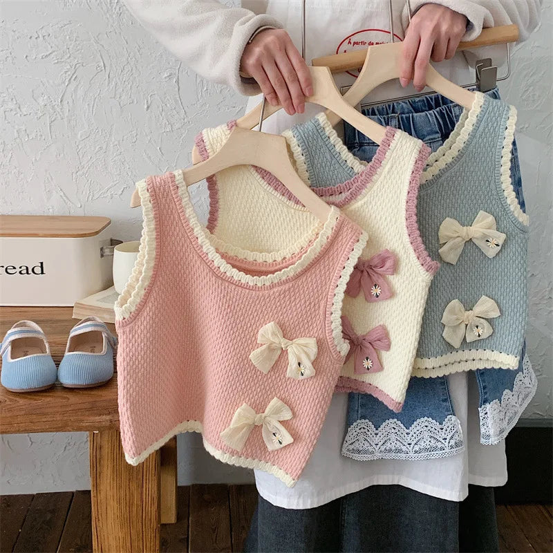 MQTIME  -  2024 Spring Children Girl Vest Korean Knotbow Toddler Girl Sweater Tank Top Spliced Loose Knitted Sleeveless Baby Girl Pullovers