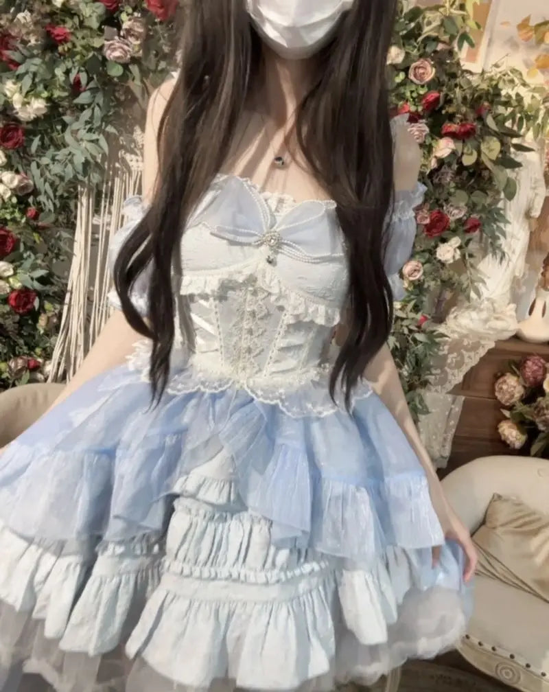 nvxiot   - Summer New Design Sense Lolita Laminated Tutu Dress Strap Square Collar Lace Bow Waisted Sweet Large Skirt Dress