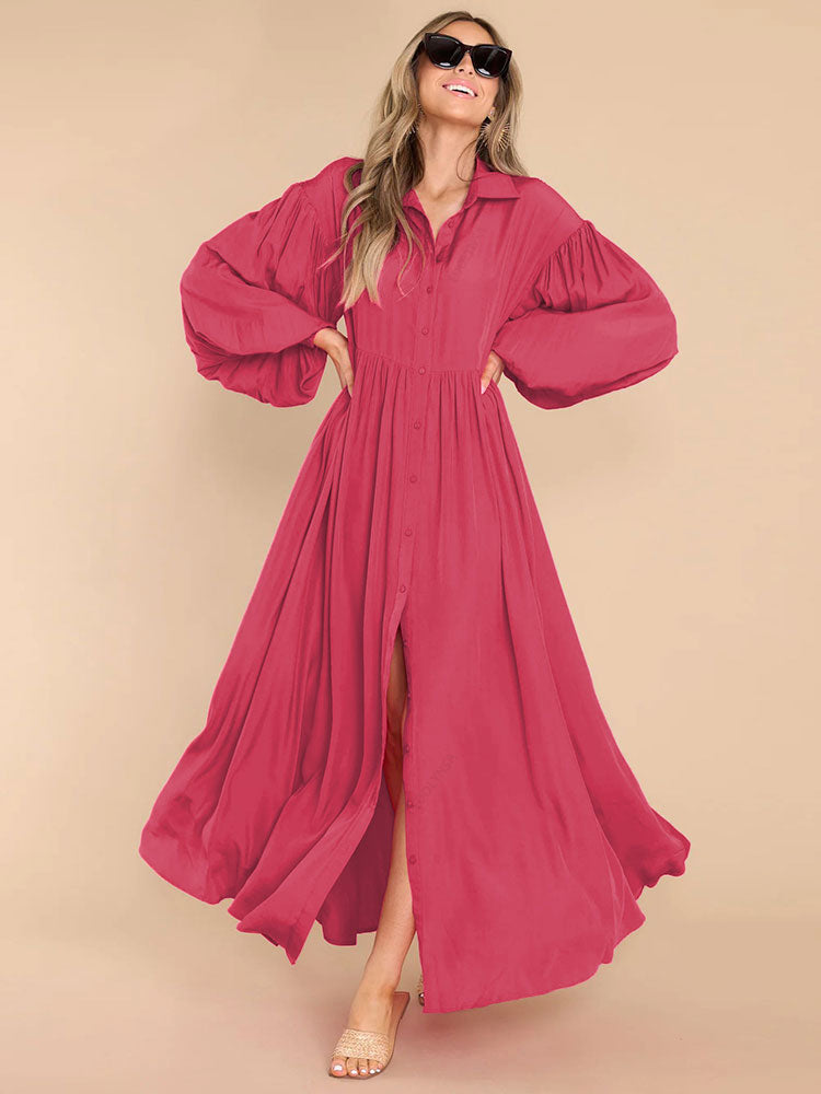 nvxiot Autumn Winter New Flowy Long Solid Colour oversized Dress For Women Long Sleeve Buttons Shirt Maxi Dresses A2743