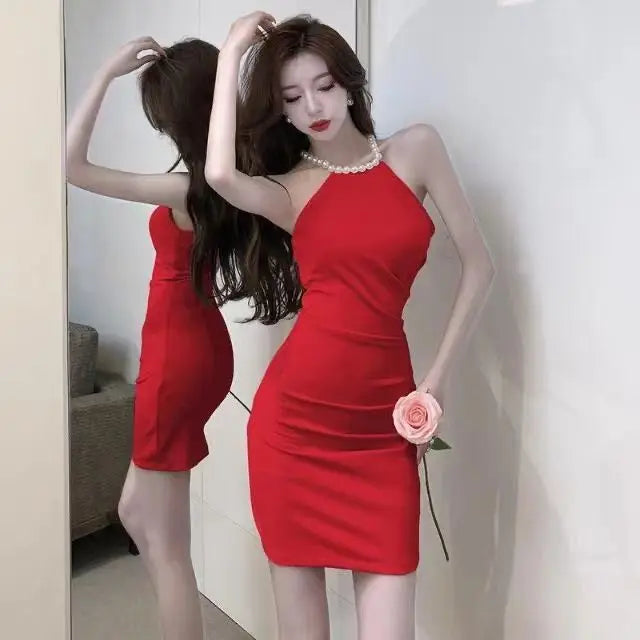 nvxiot-CLUB OUTFITS Beading Halter Dresses Women Elegant Female Graceful Korean Style Empire Sexy Off Shoulder Summer Charming Party Casual Solid