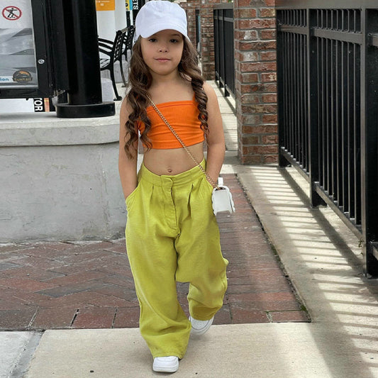 nvxiot Summer Children's Girl Streetwear Clothing 2pcs/set Sleeveless Crop Tops+Chic Long Loose Trousers Baby Kids Girl Clothes Suits