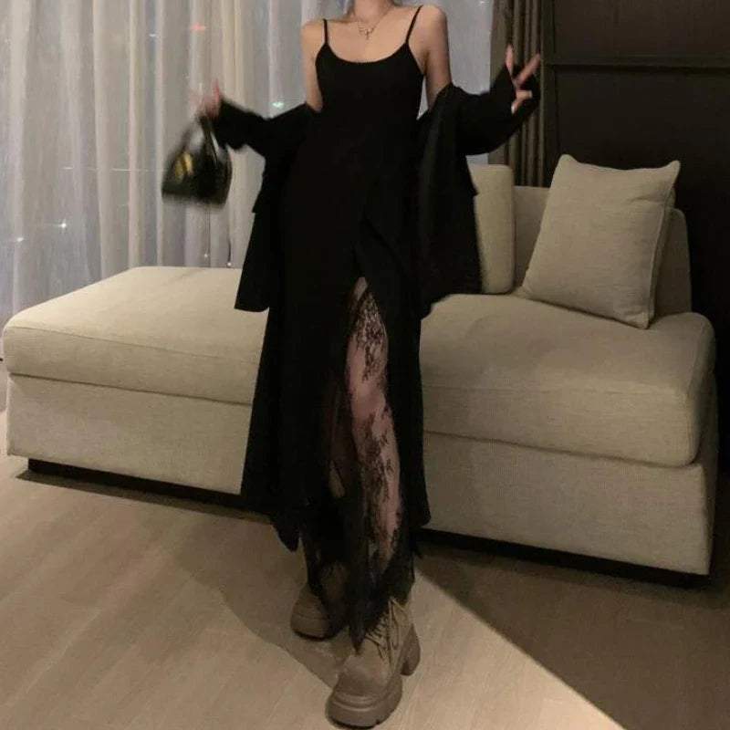 nvxiot  -   Lace Elegant Dresses Women Black White Long Sexy Sweet Dress Korean Midi Slim Sleeveless Streetwear Vintage Office