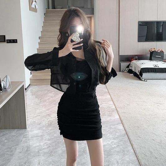 nvxiot-Elegant Slim Mesh Dress Women for 2023 Autumn Fashion with Black Sunscreen Cardigan Korean Office Lady Mini Dresses Long Sleeved