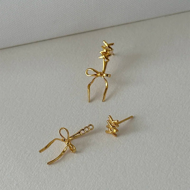 nvxiot New Golden Plated Bowknot Earrings for Women Silver Needle Studs Trendy Elegant Sweet Party Jewelry Accessories