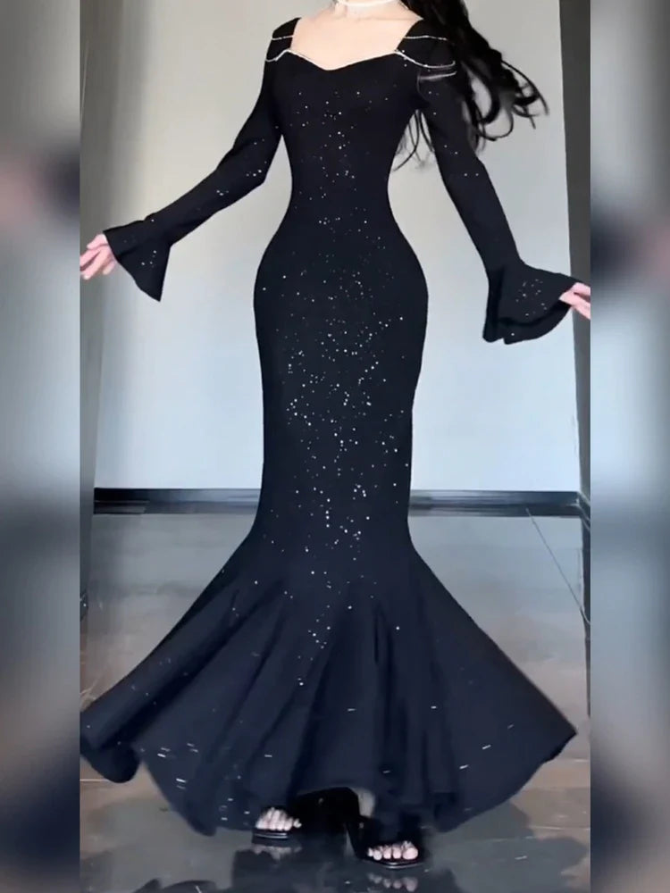 nvxiot Sexy Party Dresses Women Sequins Black Evening Elegant Long Dress Female Flare Sleeve France Vintage Dress Summer 2024