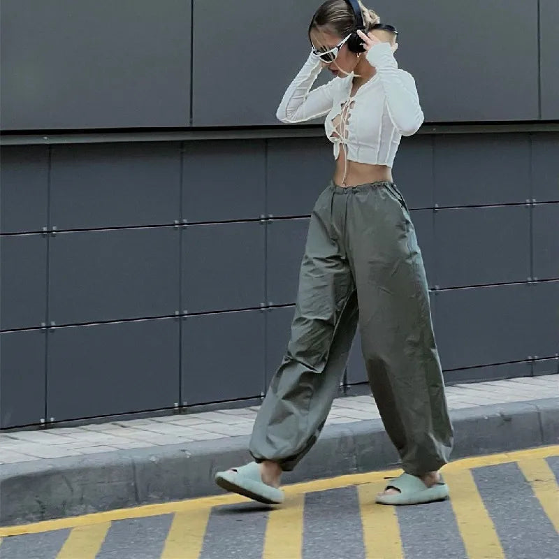 nvxiot Retro low waist drawstring casual pants women's summer bundle feet loose straight pendant pants everything with  wide leg pants