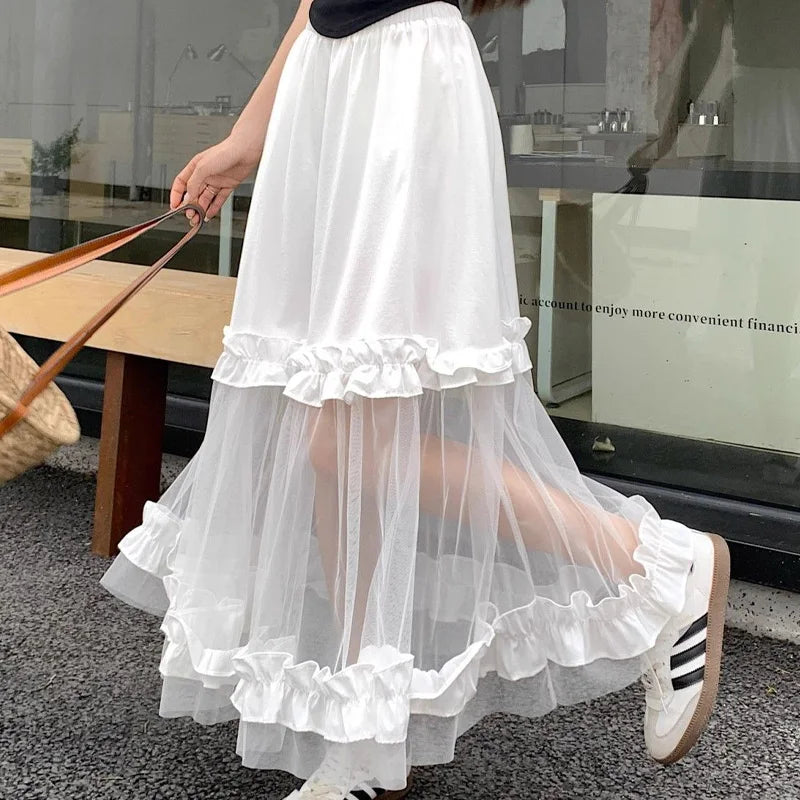 nvxiot  - Solid Color Elegant Ladies Elastic Fashion Patchwork Net Yarn High Waist A-line Skirt Summer Sweet White Black Women's Clothing