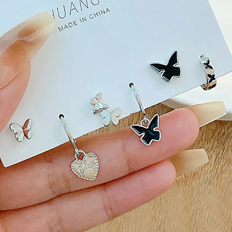 nvxiot Y2K 6Pcs/set Silver Color Rhinestone Butterfly Stud Earrings for Women Fashion Punk Heart Earring Sets Trendy Jewelry Gifts