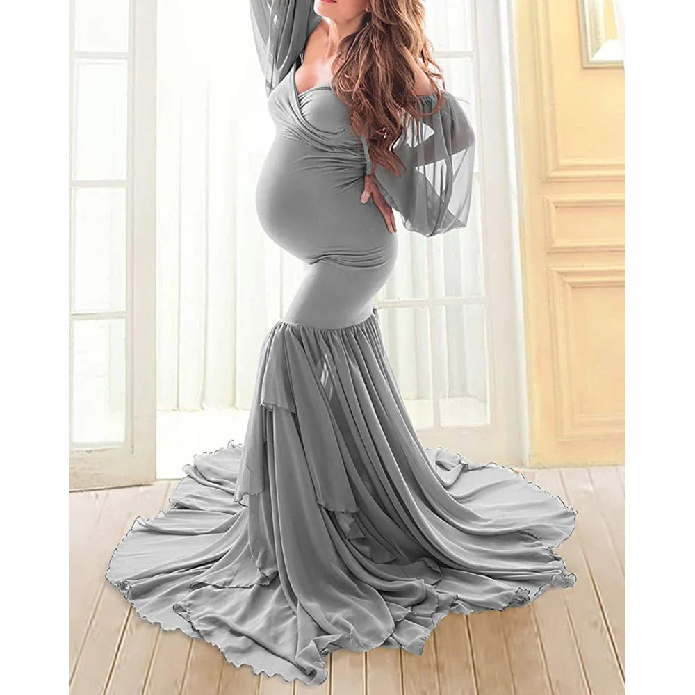 MQTIME  -   Long Chiffon Sleeve Tired Mermaid Maternity Dress for Photoshoot Photography Baby Shower