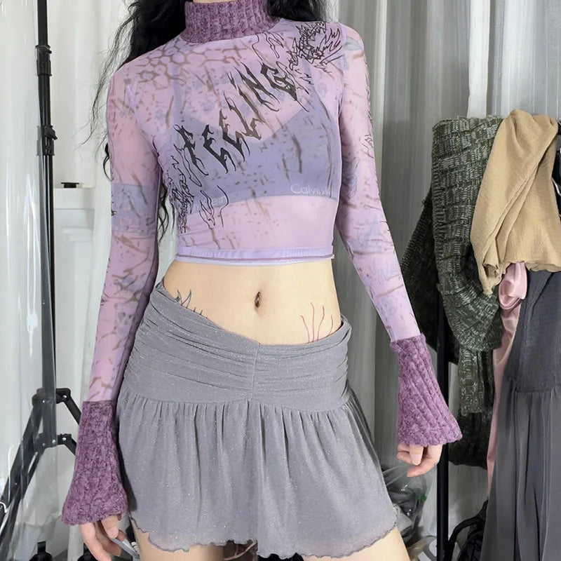 nvxiot  -  Fashion  Pattern Printed Mesh Top Women Stand Collar Long Sleeves Lilac Short Cropped T-shirt Ins Chic Female Celebrity OOTD