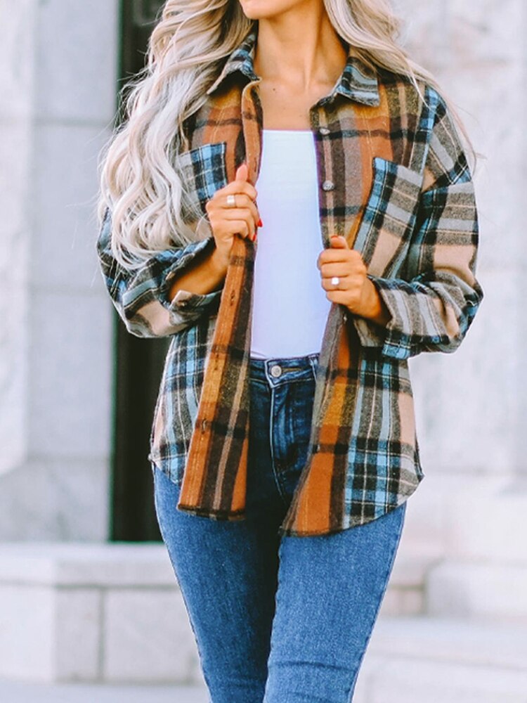 nvxiot Plaid Casual Chic Shirt Blouses Thick Warm Autumn Spring Long Sleeve Women Pockets Khaki Ladies Shirt Tops Blusas NEW