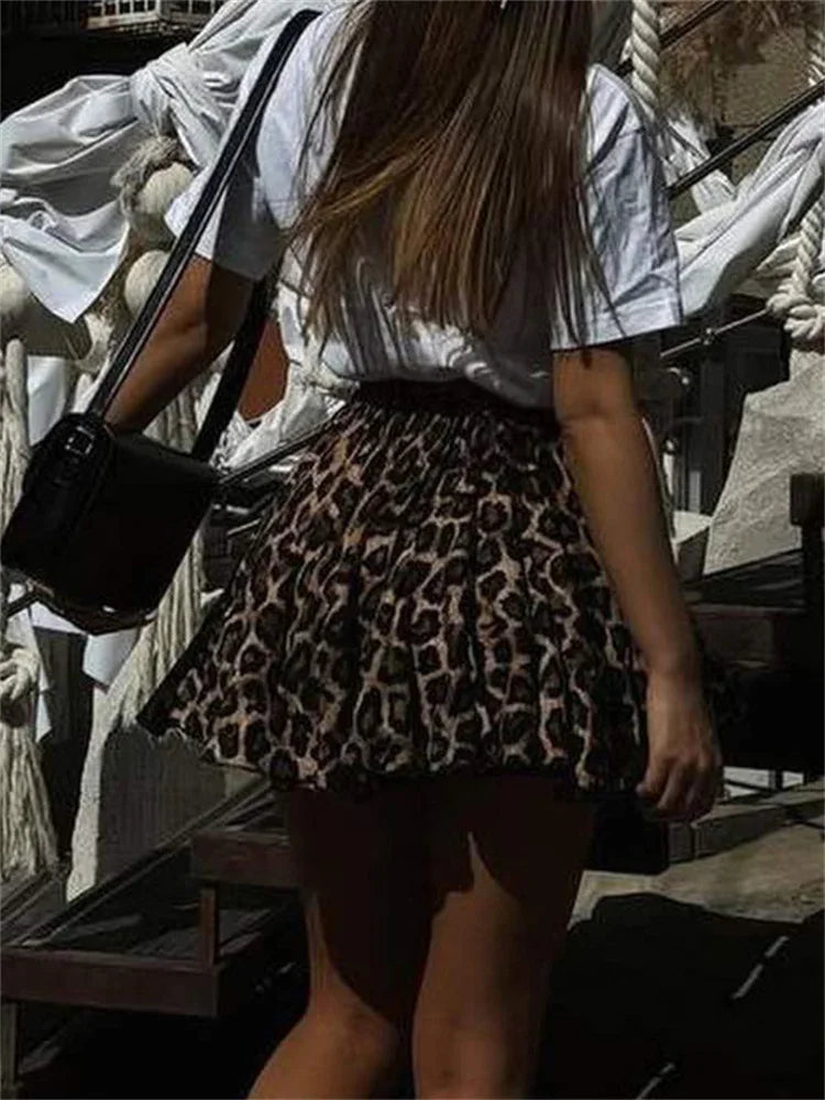 nvxiot  -  Fall Outfits 2024 Vintage Leopard Printed Skirt Female Sexy Casual Lace-Up Slim Contrast High Waist Commute Clothes Women's Pleated Skirts
