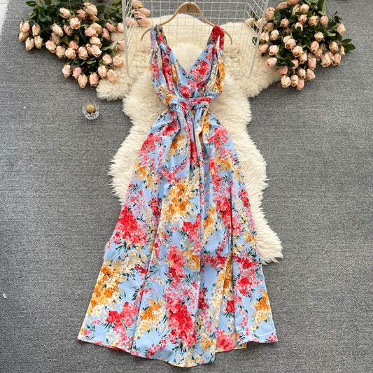 Tavimart Seaside Holiday Long Dress Women Summer Scheming Folds Waist Thin Print Floral Dress