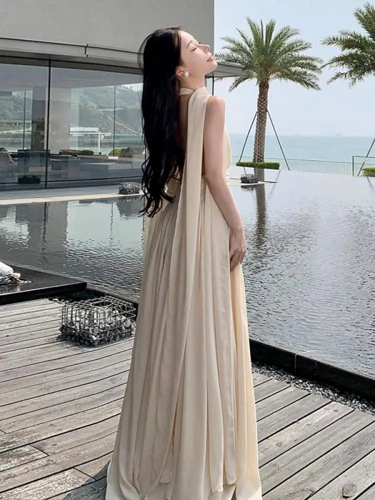 nvxiot  -  French Beige Elegant Vacation Halter Backless Birthday Party Pleated Fairy Dress A Line Prom Evening Gowns Long Dresses Summer