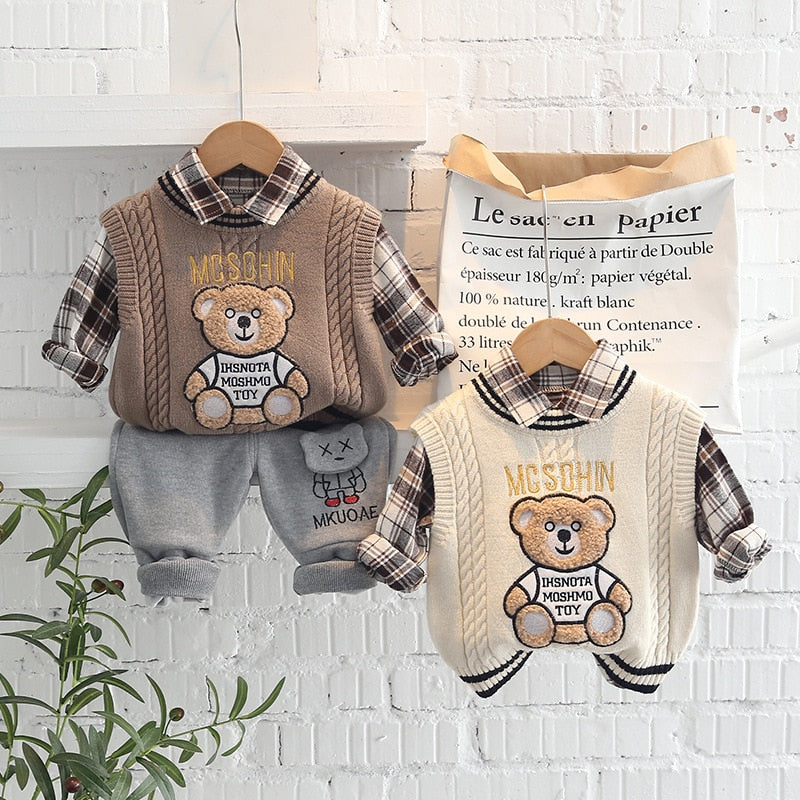 nvxiot New Spring Autumn 3PCS Boys Clothing Set Cartoon Bear Sweater Vest Long Sleeve Shirts Cotton Pants Baby Boys Clothes