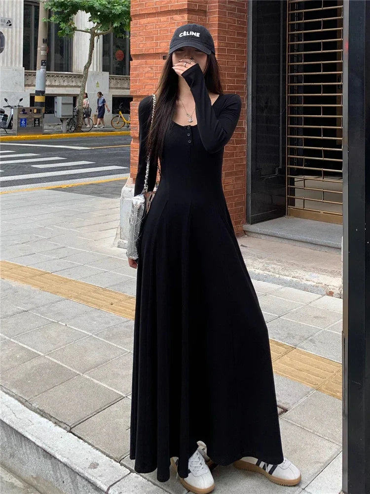 nvxiot-Elegant Black Knitted Midi Dresses for Women Autumn and Winter Fashion Solid Sweet Cute Slim Chic Vintage Female Long Dress