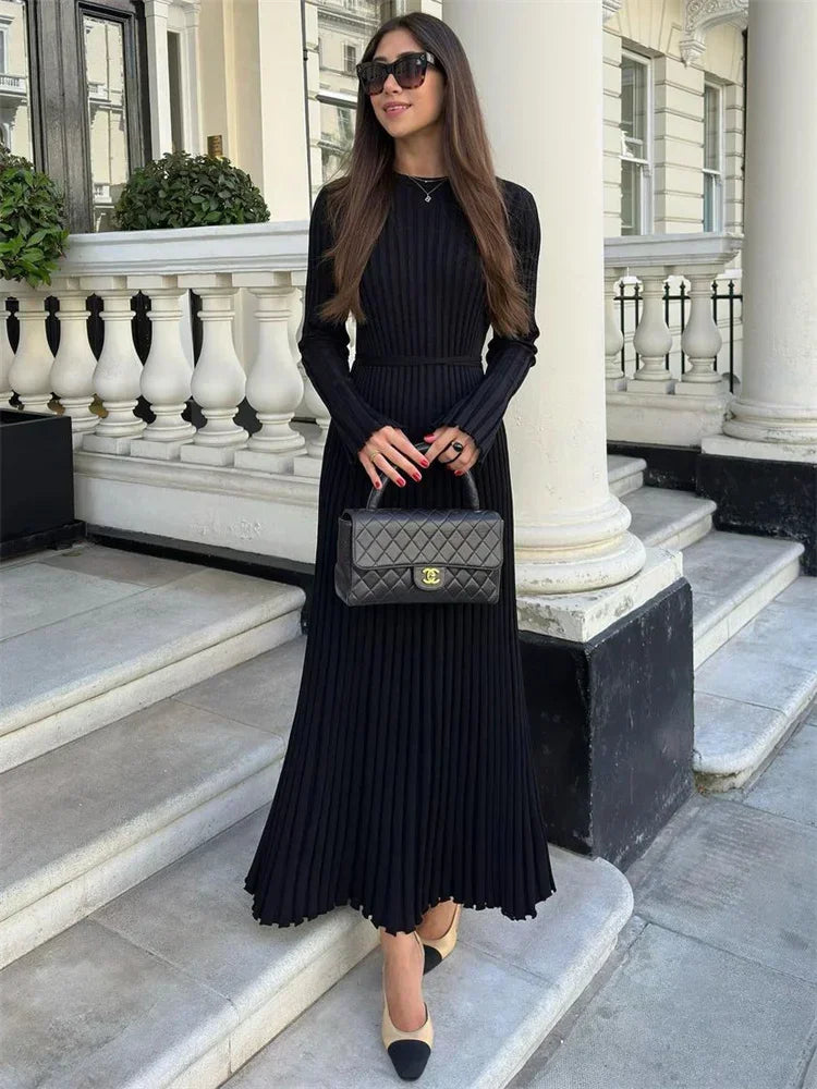 nvxiot Lace-Up Female Knit Maxi Dress Autumn High Waist Fashion Patchwork Long Sleeve Loose Solid Dress Bandage Knitwear Dress