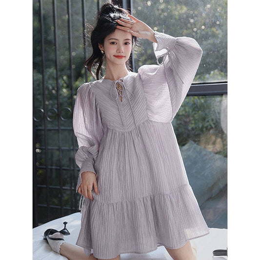 nvxiot French Style Women's Dresses Spring Long Sleeve Lace-up Neck Cake Mid Length Skirts Solid Fashion Streetwear for Women Dress