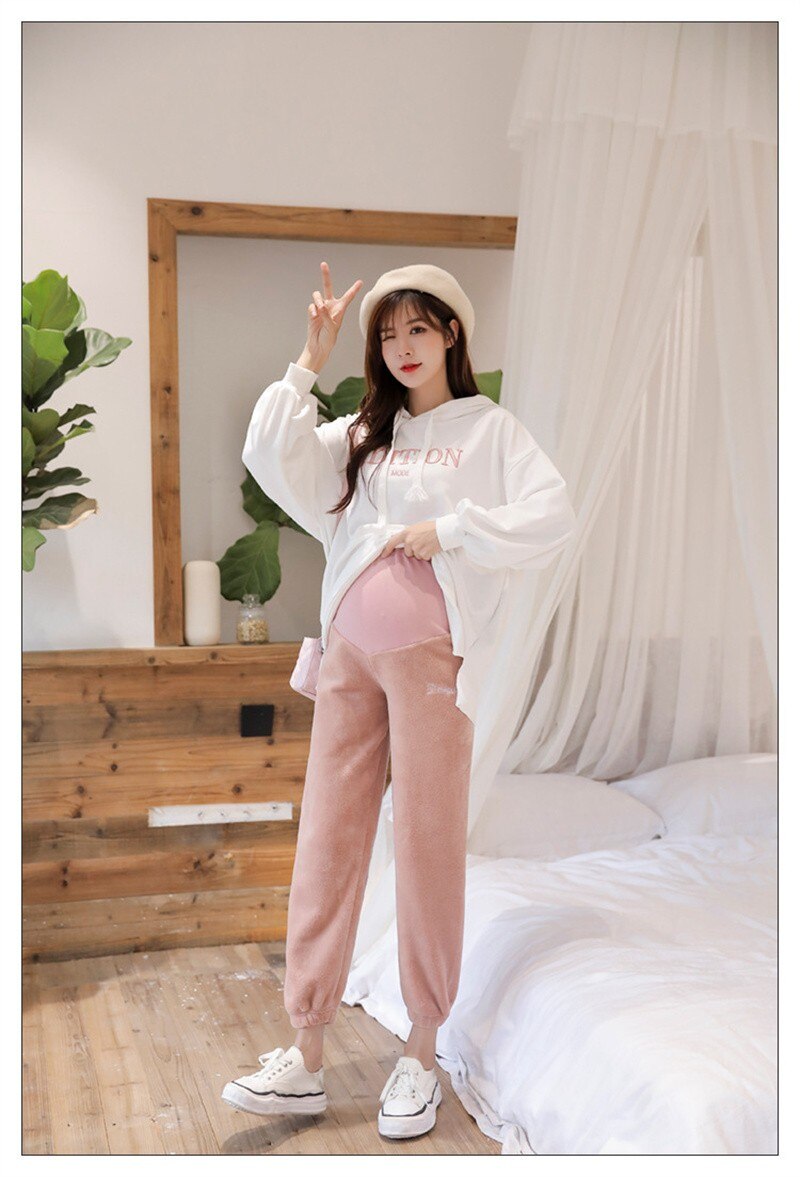 Winter Warm Maternity Pants Flannel Pregnancy Leggings Solid Color Pants Elastic Pregnant Women Trousers Pregnancy Clothes