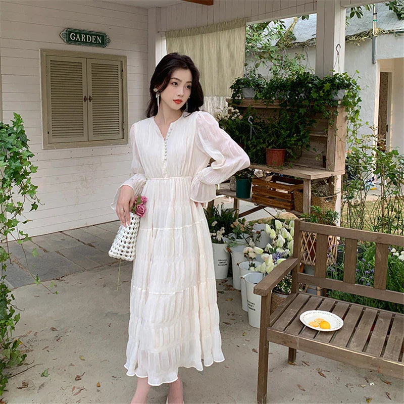 nvxiot-Elegant Chic Women White Midi Dress for Autumn 2023 New Chiffon Puff Long Sleeve V-neck Casual Office Lady Cute Fairy Dress