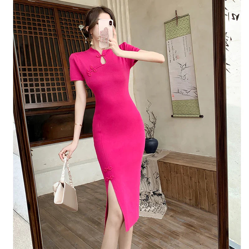 nvxiot  -  2024 Summer New Chinese Button Short sleeved Knitted Dress for Women's Vintage Elegant Temperament Slim Fit Mid length Dress