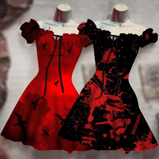 nvxiot Red Gothic Horror Blood Ghost Halloween Pumpkin 3D Print Costume Y2K Dress Hawaiian Bohemian Dress Vestido Mujer Skull Black