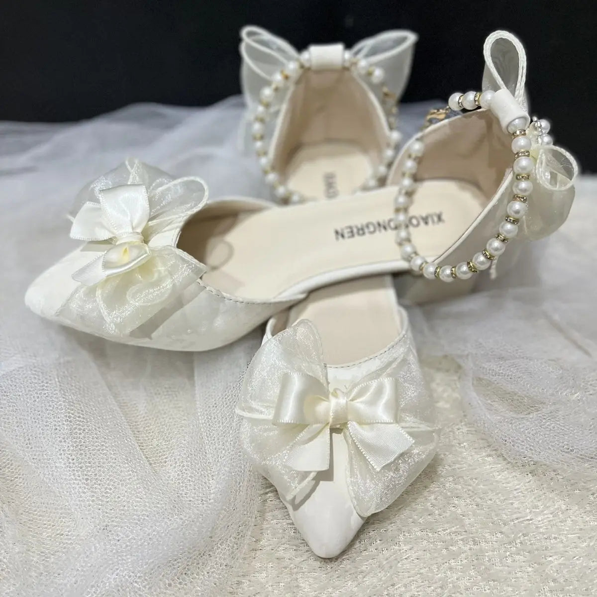 nvxiot Bow Wedges Shoes for Women Pearl White Y2k Lolita Slingback Shoes Women Kitten Heel Japanese School Shoes