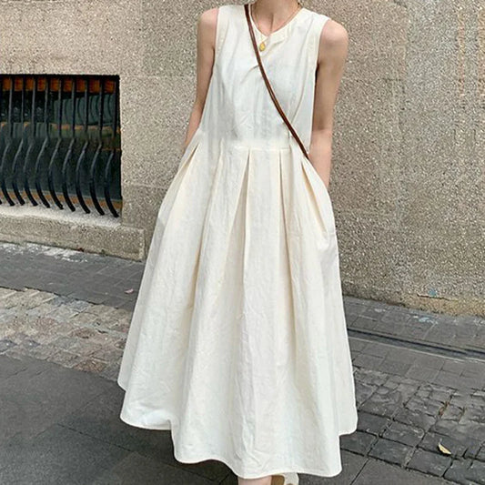 nvxiot  -   Casual O-neck Long Dresses Vintage Elegant Korean Style Sleeveless Gentle Office Basics Minimalist Preppy Midi Dress