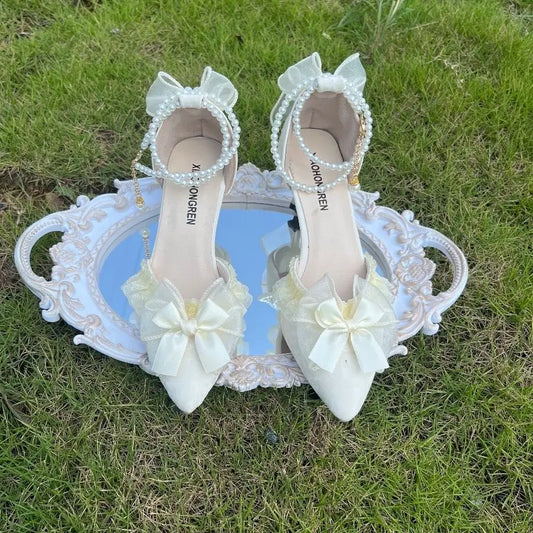 MQTIME  -  elegant party dresses for women Ladies Wedding Shoes Bride Bow Thick Heel Lolita Shoe women's luxury low heel shoe