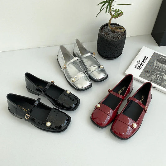 nvxiot Square Toe Women Flats Loafers New Arrivals Black Silver Red Patent Leather Rivet Design Flat Low Heels Autumn Spring Shoes