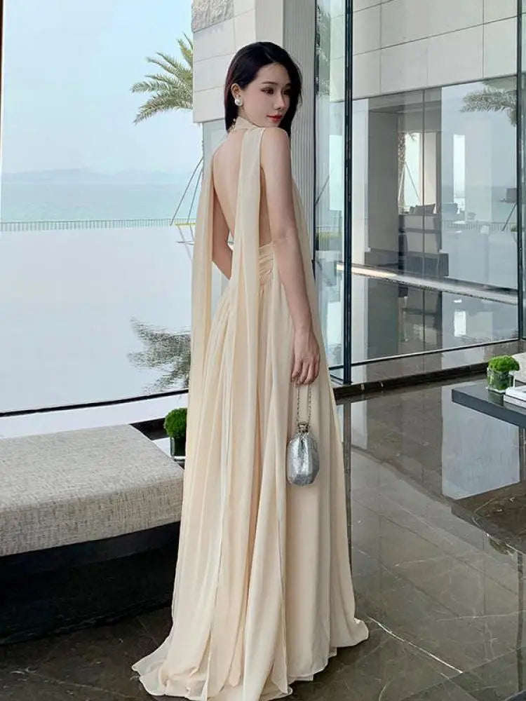 nvxiot  -  French Beige Elegant Vacation Halter Backless Birthday Party Pleated Fairy Dress A Line Prom Evening Gowns Long Dresses Summer