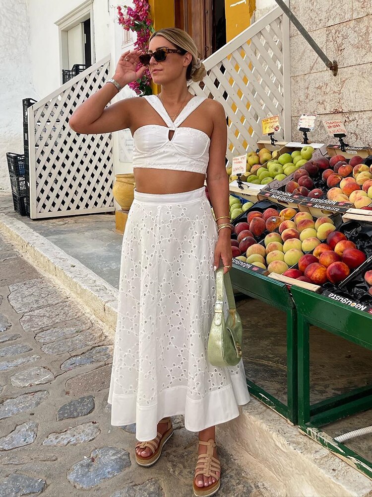 nvxiot Cotton White Autumn 2 Pcs Outfits Women Dress Set Crop Top Maxi Skirt Sets Beach Holiday Sets Embroidery Hollow Suit