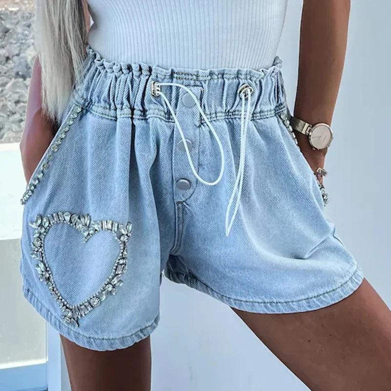 nvxiot Streetwear Glass Drill Denim Shorts Women Casual Waist Elastic Drawstring Loose Summer Pants Jeans Chic Short Femme