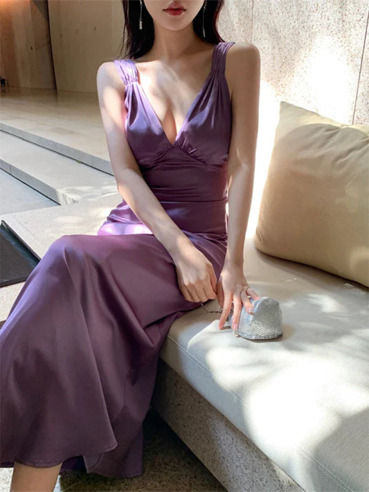 nvxiot  -  Summer Purple Satin Backless Long Dress Elegant Women Sexy V-neck Bodycon Dresses Ladies Vintage Evening Party Dress Vestidos