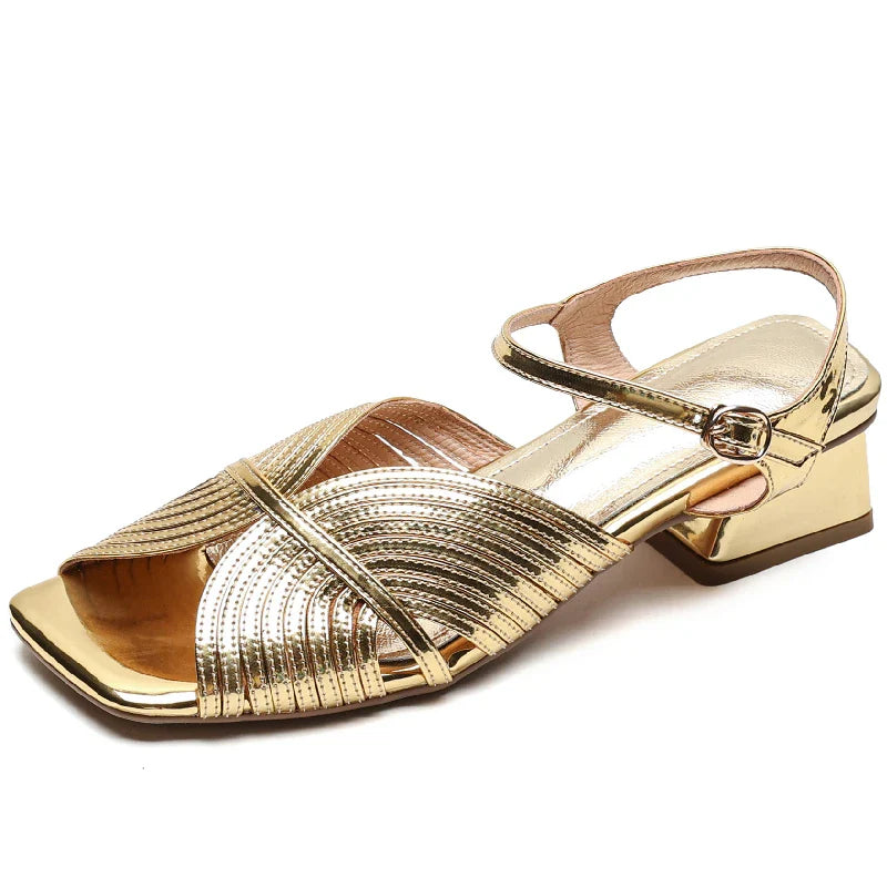 MQTIME  - Luxury Women's Sandals Summer 2023 Gold Silver Genuine Leather Low Heel Party Shoes Designer Comfortable Flip Flops For Girls