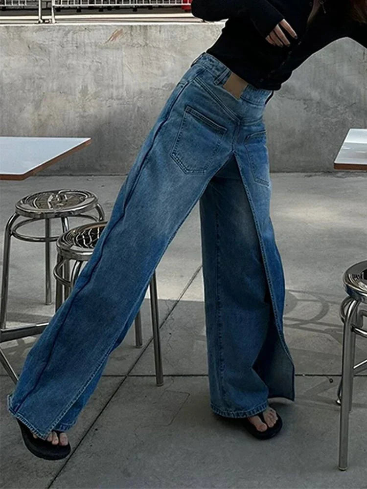 MQTIME  -  Women's Deconstructive Patchwork Design Jeans Wearing Both Front Back High Waisted Pants Female Loose Retro Denim Trousers