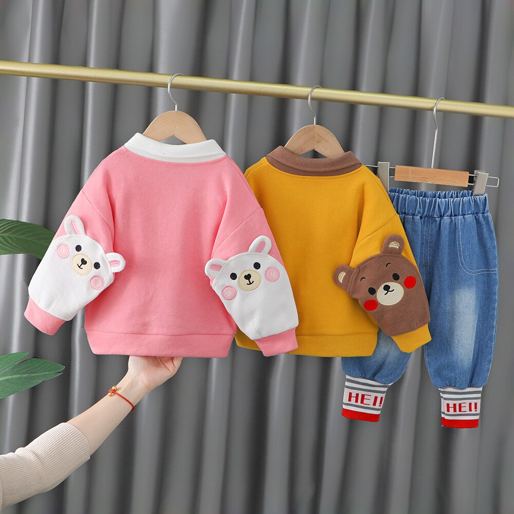 nvxiot Spring Autumn Children Boys Girls 2PCS Clothing Set Embroidery Cartoon Bear Sweatshirts Jeans Pants Baby Girl Sports Suit