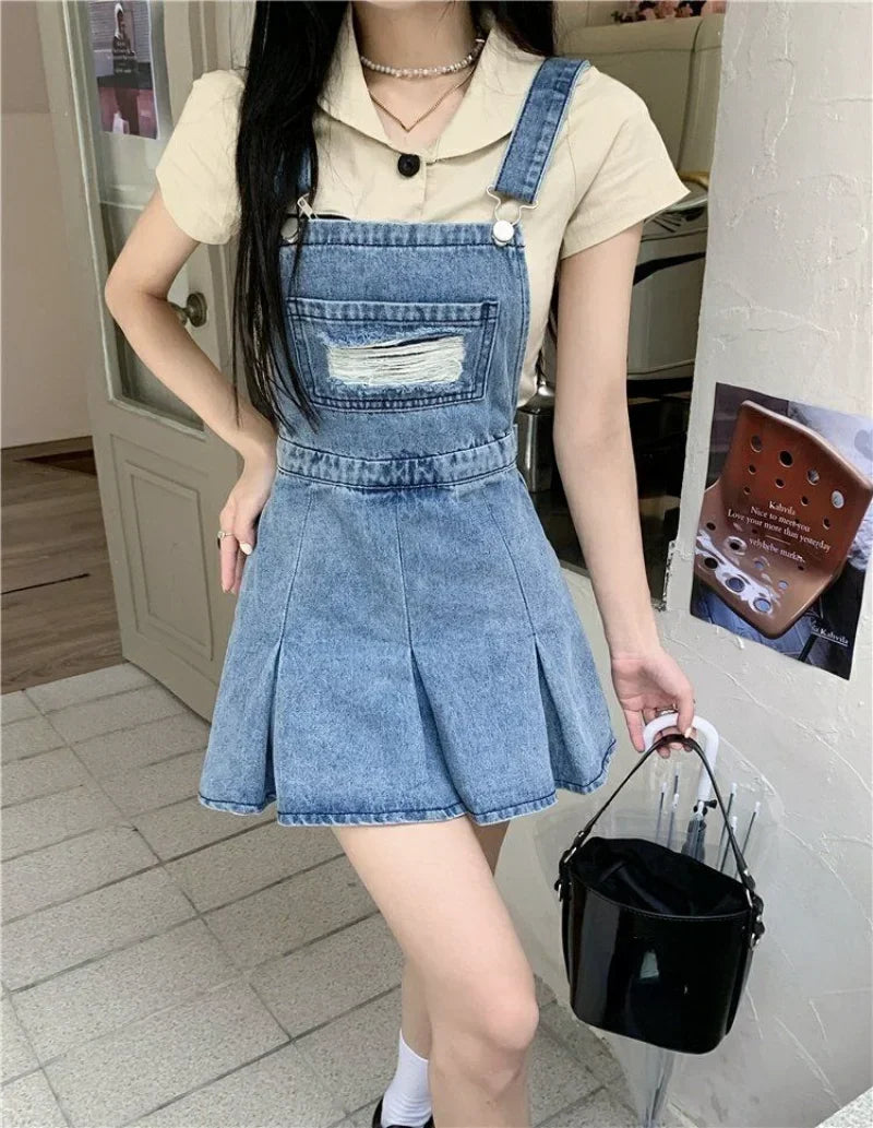 nvxiot-Denim Overall Dresses Women Summer Vintage Blue Elegant Y2k Folds Camisole Pleated Dress Mini Fashion Hotsweet Korean Vestidos