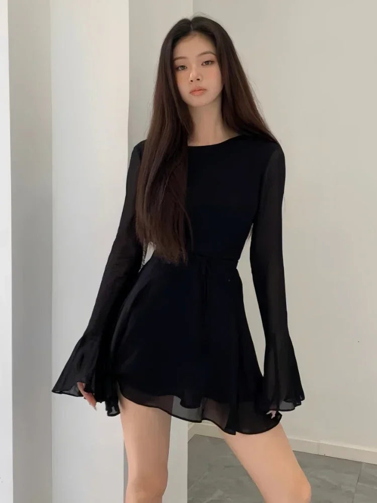 nvxiot Backless Black Dress Women Elegant Back Hollow Out Lace-up Long Sleeve Mesh Patchwork Sexy Slim Ruffle Mini Dress Party