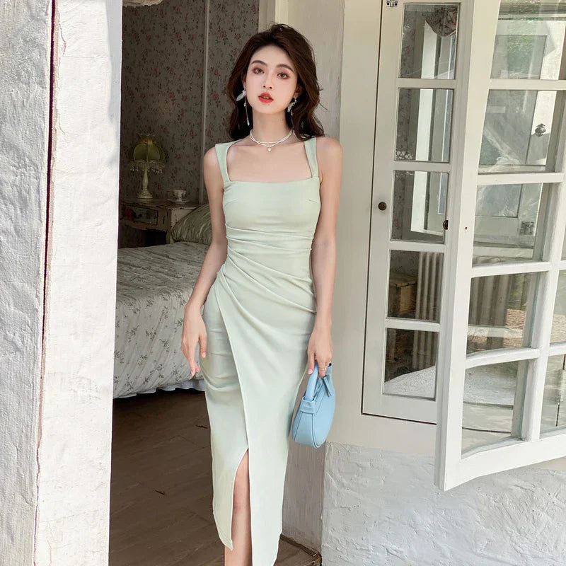 nvxiot-New Arrived Square Neck Vintage Dress for Women Sleeveless Fashion Luxury Sling Slim Party Evening Long Dresses Summer 2024