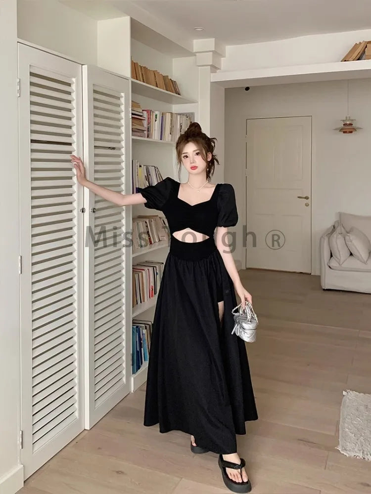 nvxiot Stylish Black French Vintage Elegant Dress Women Hollow Out Design Y2k Midi Dress Female Puff Sleeve Korea Chic Clothes 2024 Summer New