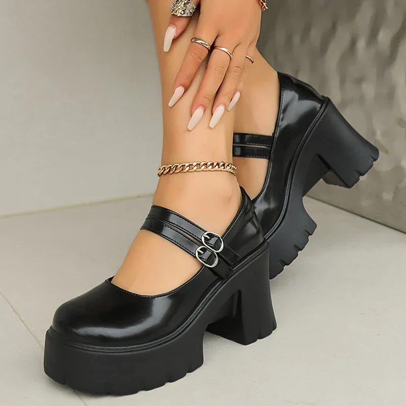 nvxiot  -  High Heels Chunky Mary Jane Shoes for Women 2024 Vintage Buckle Strap Platform Pumps Woman Pu Leather Thick Heeled Lolita Shoes