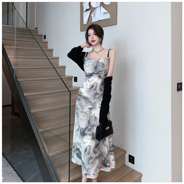 nvxiot  -  2024 Summer New Design Sensation Chinese Ink Painting New Chinese Swinging Neck Suspended Strap Open Back Style Dress Cardigan