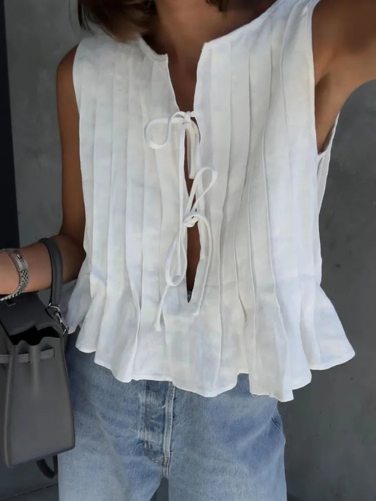 nvxiot  -  White Cotton Linen Shirt for Women Elegant Sexy Sleeveless Lace Up Blouse Summer Fashion Pleated Causal Holiday Shirts 2024