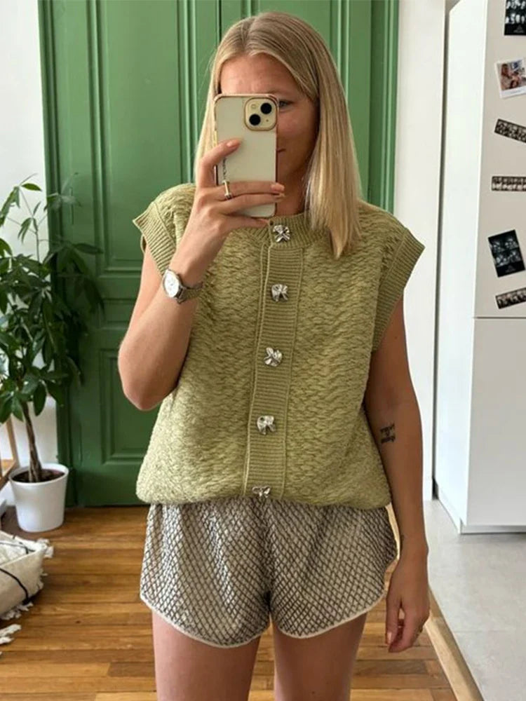 MQTIME  - Knitted Sleeveless Solid Vests Women Loose Casual O-Neck Green Single-Breasted Cardigan Female All-Matching Knit Sweater Outwear