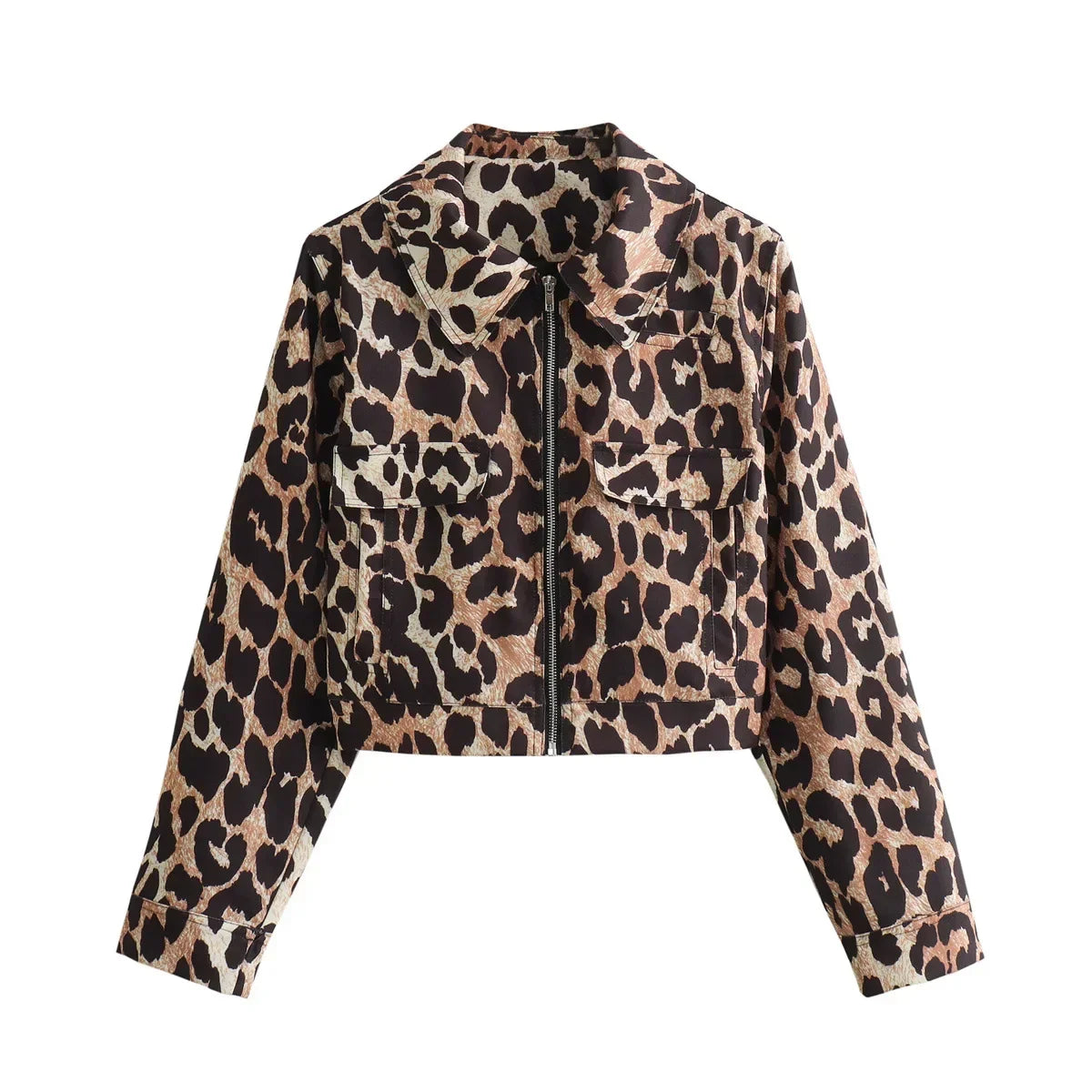 MQTIME  - Women Casual Leopard Print Bomber Jacket Elegant Lapel Long Sleeves Zipper Pockets Loose Coat 2024 Autumn Lady High Streetwewar