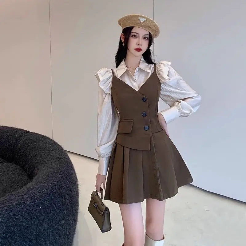 nvxiot Women's Preppy Style Blouse Overall Mini Dresses Suits 2024 Spring Autumn New Fashion Shirt Tops Slim Strap Dress Two Piece Sets